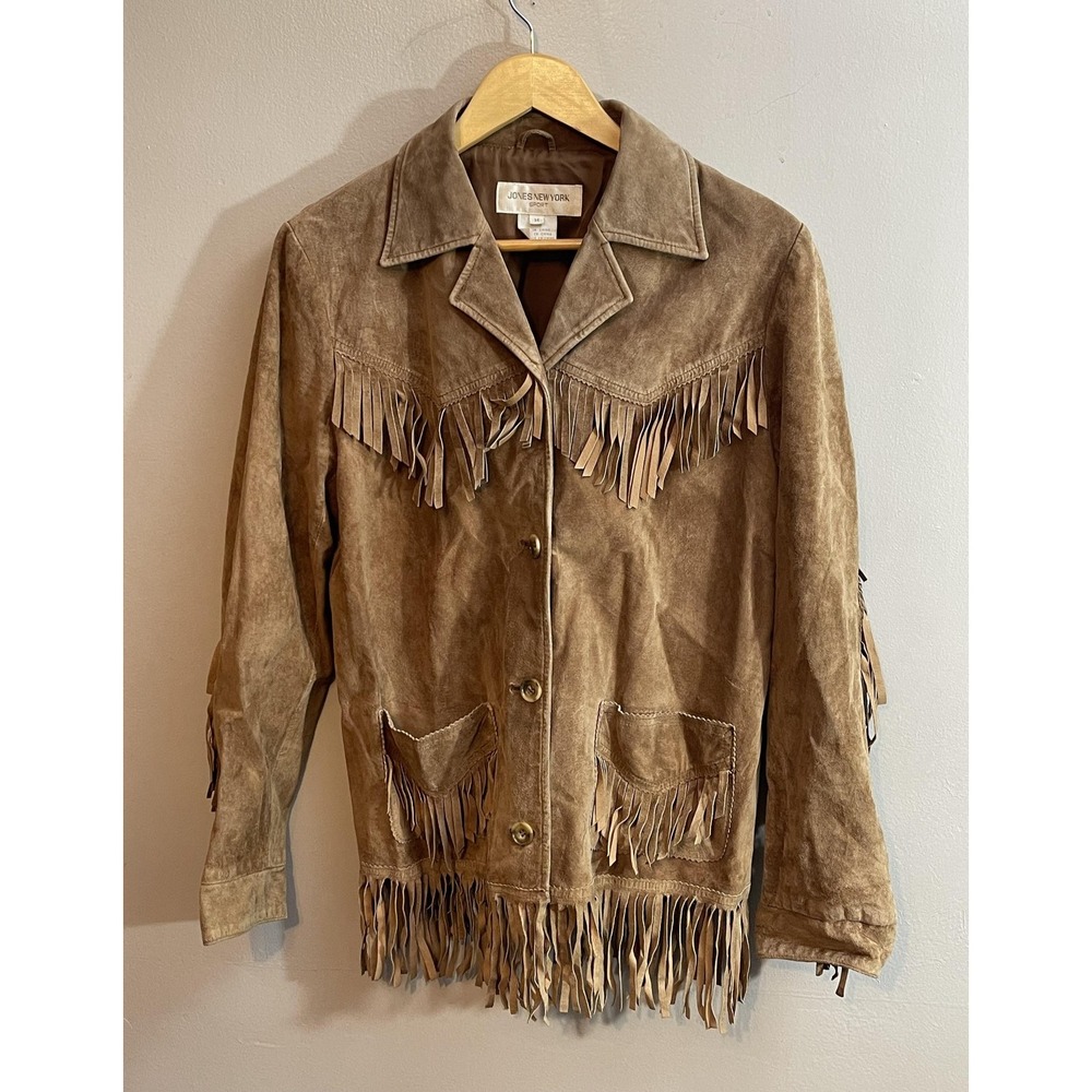Jones New York Sport Jacket Womens Medium Vintage Suede Leather Fringe Western‎